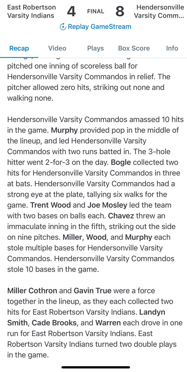 ⚾️ FINAL SCORE⚾️
COMMANDOS - 8
East Robertson - 4

<a href="/Gavinmiller01/">Gavin miller</a> 3-4, 3R, 3SB
<a href="/AdielChavez721/">Adiel Chavez</a> 5 1/3 IP, 2ER, 7K
<a href="/JakobMurphy31/">Jakob Murphy</a>  2-3, 2RBI, R, BB

#commandobaseball