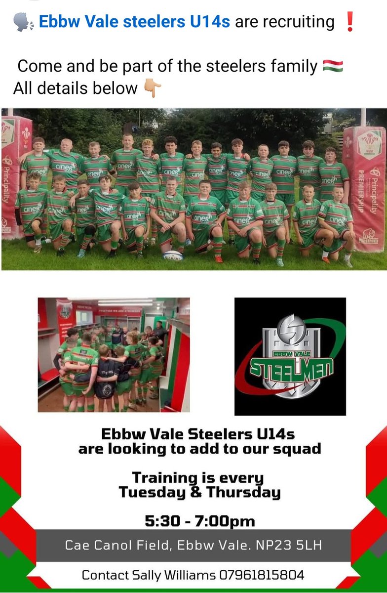Ebbw vale Steelers are recruiting 
School year 9 👇🏼
<a href="/EFLC_PE/">Ebbw Fawr PE</a> 
<a href="/TredegarSchool/">Ysgol Gyfun Tredegar Comprehensive School</a> 
<a href="/KingHenrySchool/">King Henry VIII 3-19 School</a> 
<a href="/evrfc/">Ebbw Vale Rugby</a>