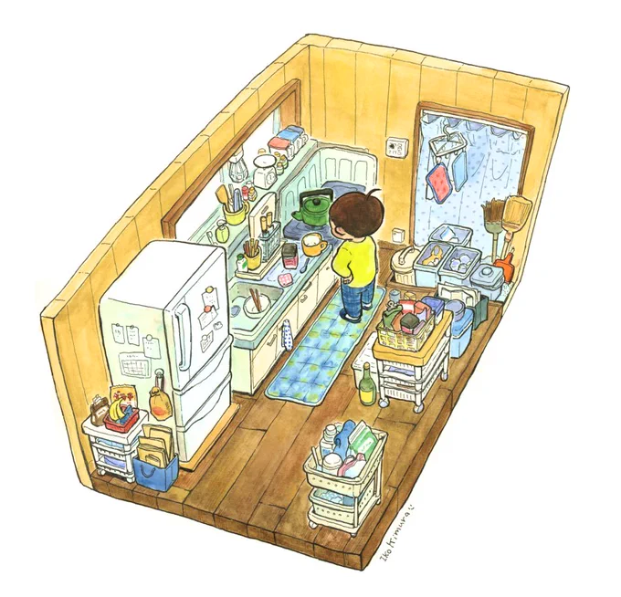 #斜め後ろ載せて5rt来たら強者俯瞰図に後ろ前があるのだろうかと思いながら。数年前のうちの台所図です。昭和感。今は後ろに棚が出来てもっと物増えている。 