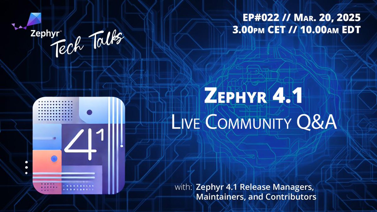 📌Reminder! A new #ZephyrRTOS release is out—Zephyr 4.1—which gives us a perfect excuse to explore everything new and noteworthy, and there's plenty to cover! Join us TODAY to discuss! hubs.la/Q03cH6WY0 <a href="/kartben/">Benjamin Cabé</a>