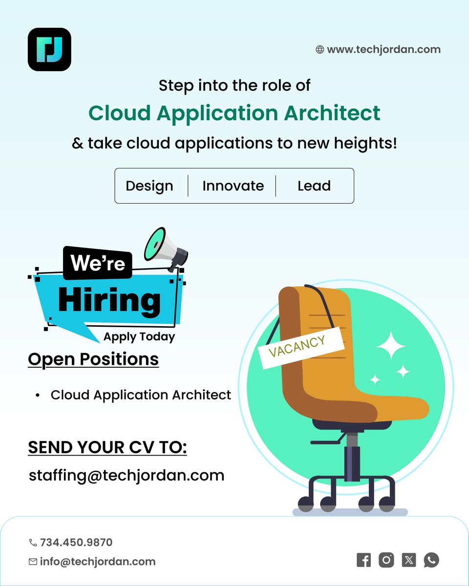 TechjordanLLC's tweet image. Hiring Now: Cloud Application Architect
📍 Location: Lansing, MI (Hybrid - Onsite Wednesdays & Thursdays)
📩 Apply Now: staffing@techjordan.com
#MichiganJobs #LansingMIJobs #CloudComputingJobs #DevOpsJobs #MichiganTechJobs #ITCareers #ContractJobs #CorpToCorp #NowHiring