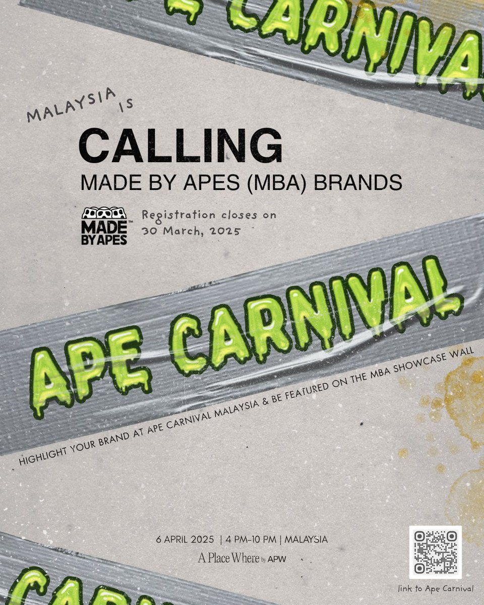 Made By Apes Bodega, This is for you! 🍌

Get your brand featured at Ape Carnival on the MBA Showcase Wall (500+ attendees).

Requirements:
 🍌MBA-registered @ madeby.boredapeyachtclub.com
🍌 Physical product
🍌 Ship a sample by April 6

DM us to apply!