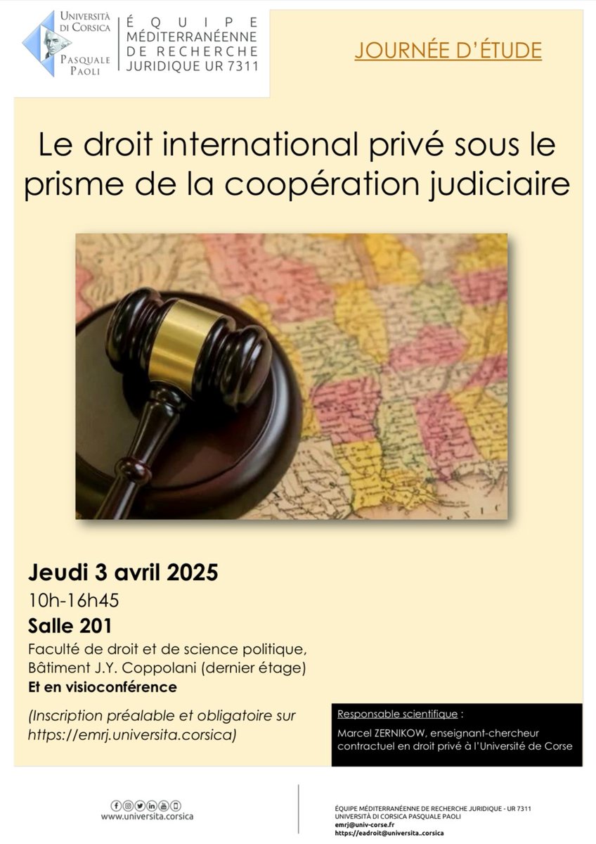 [Journée d'étude] la coopération judiciaire <a href="/UnivCorse/">Università di Corsica</a>
Les exemples toucheront à différents domaines (droit des personnes et de la famille, droit des affaires, droit social) et permettront de conclure que la coopération judiciaire transcende les branches de la discipline.