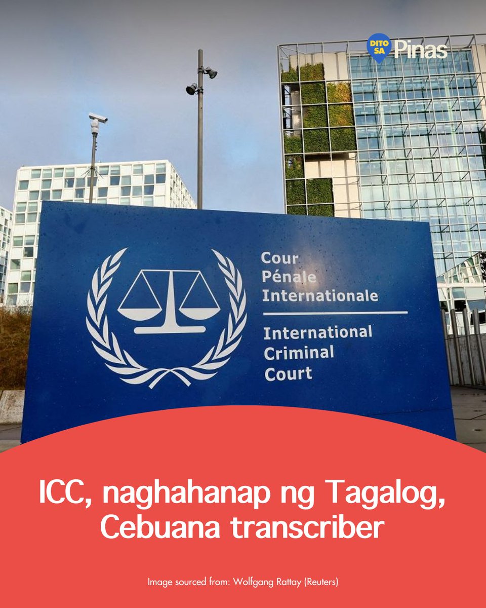 ditosapinas1's tweet image. Kasalukuyang kinakailangan ng International Criminal Court (ICC) sa The Hague, Netherlands ng mga freelance transcriber na bihasa sa pakikinig, pag-unawa at pagsulat ng Tagalog o/at Cebuano.

#DitoSaPilipinas #ICC #Transcriber
