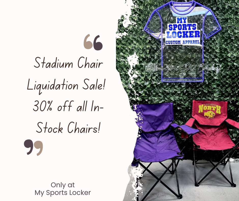 With Spring, Summer &amp; Fall sports coming up, now's the time to get a stadium chair or folding chair at a GREAT price!! All of our Stadium &amp; Folding chairs are 30% while supplies last. 
Stop in and see us today! Or give us a call to learn more.
Monday-Friday 9:30-5:30
812-333-2339