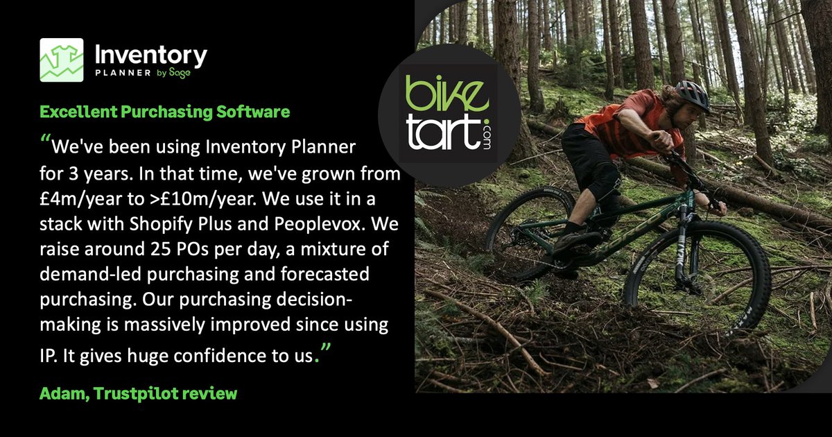 Our customers love Inventory Planner by Sage, and we couldn’t be happier to share their feedback! 😊

By combining Inventory Planner by Sage with Shopify Plus and Peoplevox, Biketart created the ultimate tech stack for success. 🚀