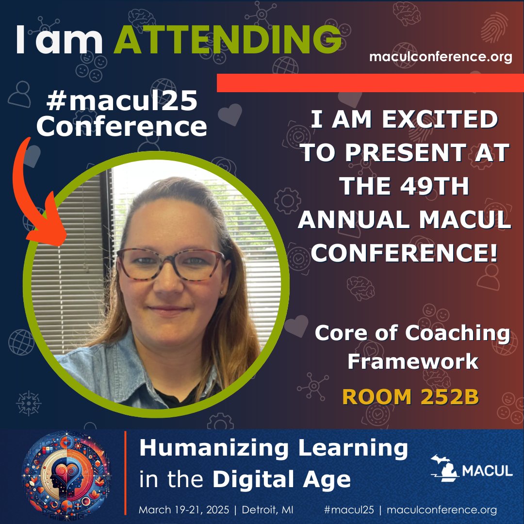 Are you at #macul25? We've got some great sessions today in Room 252B! Want to learn more about the #CoreOfCoaching? Or AI tools to help your coaching life? Come by for a visit!

#EDUCoachNetwork #techcoach #edcoach #educoach #instructionalcoach #AIinEducation