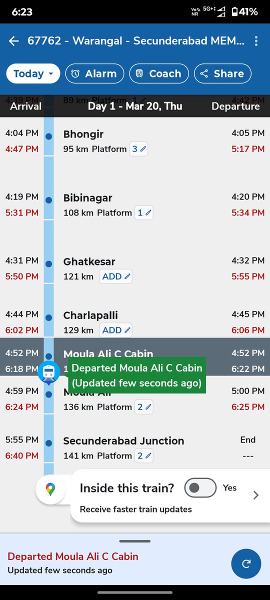 srikanth3303555's tweet photo. @SCRailwayIndia @drmsecunderabad Dear @drmsecunderabad @SCRailwayIndia @RailwaySeva boarded #67762wl to secbad pushpull at 1.25pm on wl but still yet it didn't reached secbad it's been #5hours for #142kms journey and u guys showcasing to @AshwiniVaishnaw sir about 94%#punctuality see below #ticket https://t.co/X7e3uuOF19