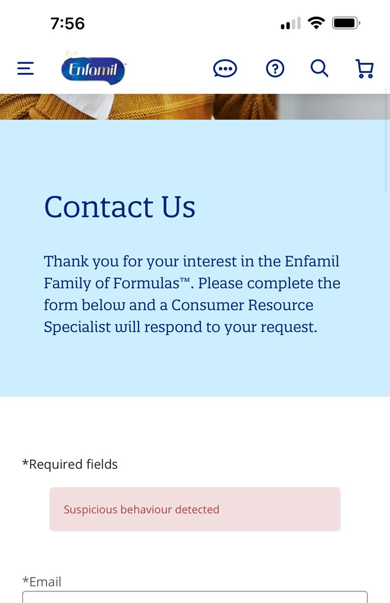 HFViking55's tweet photo. Hey @Enfamil, I think your servers are broken.  Trying to sign up for family beginnings AND using your “contact us” form both result in a “suspicious behavior detected” error when I hit join or submit. https://t.co/yzTamdxtKh