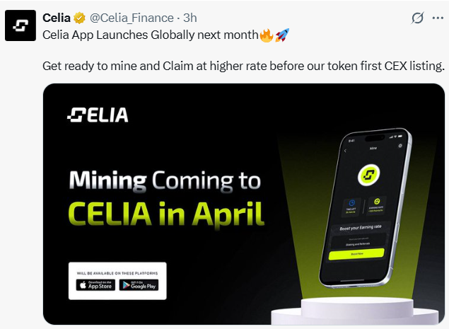 ShimulBarik's tweet photo. Celia App Launches Globally next month🔥
📷 Get ready to mine and Claim at higher rate before our token first CEX listing. https://t.co/wdPwtoVqLq