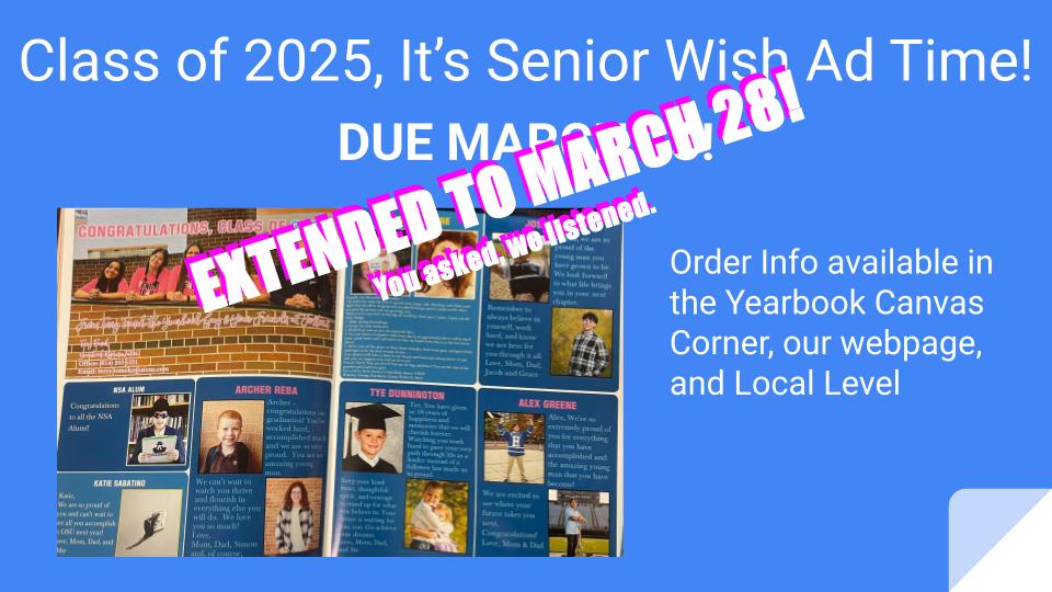 Senior Wish Ad Date EXTENDED TO MARCH 28. Visit our webpage, Yearbook Canvas Corner, or Local Level for details. locallevelevents.com/events/details…