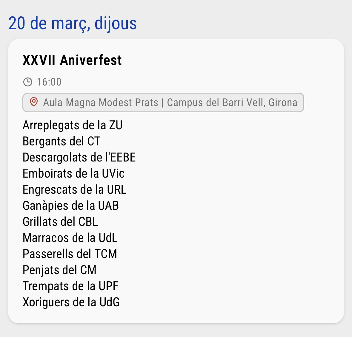 🚨 ÚLTIMA HORA 🚨

La diada d’Aniverfest es trasllada a l’Aula Magna Modest Prats de la <a href="/univgirona/">Universitat de Girona</a> 

#castells #castellers