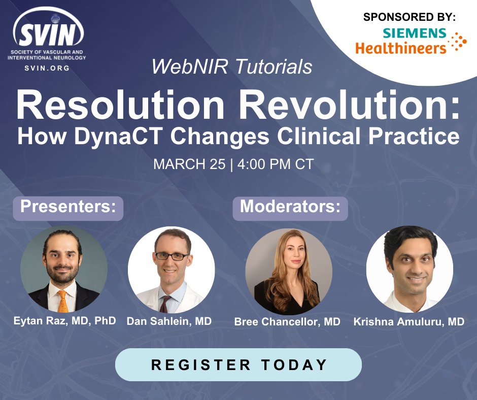 Discover how DynaCT is transforming aneurysm care! Register for the upcoming webNIR Tutorial with Dr. Eytan Raz &amp; Dr. Dan Sahlein, with moderators Dr. Bree Chancellor &amp; Dr. Krishna Amuluru, on March 25!

🔗 zurl.co/IJzDe

#WebNIR #SVIN