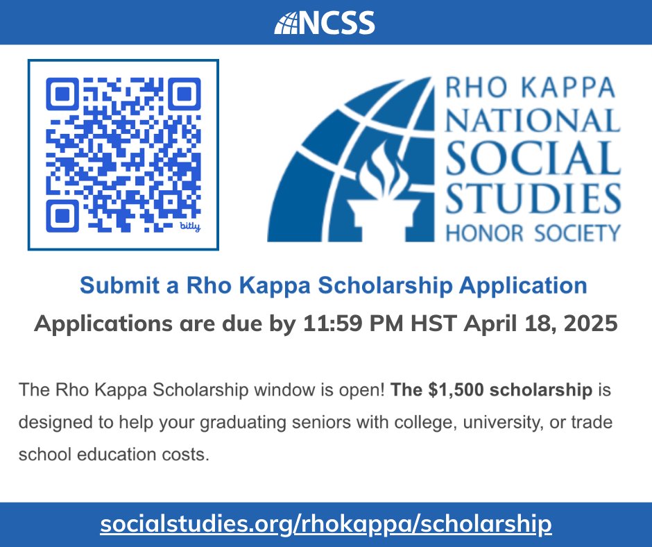 NCSSNetwork's tweet image. 🔔 Reminder: The Rho Kappa Scholarship window is open!

➡️ Learn more about the requirements and apply here: hubs.li/Q03bjN5C0 #rhokappa #scholarship #honors #edutwitter