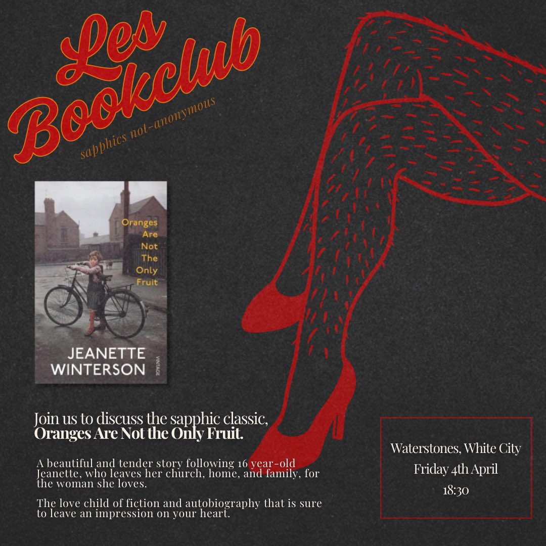 We have a sapphic book club coming to White City on 4th April, to be held every first Friday of each month!

Oranges Are Not the Only Fruit is a beautifully written story following a young girl who, raised by a very religious mother, must navigate her burgeoning sexuality.