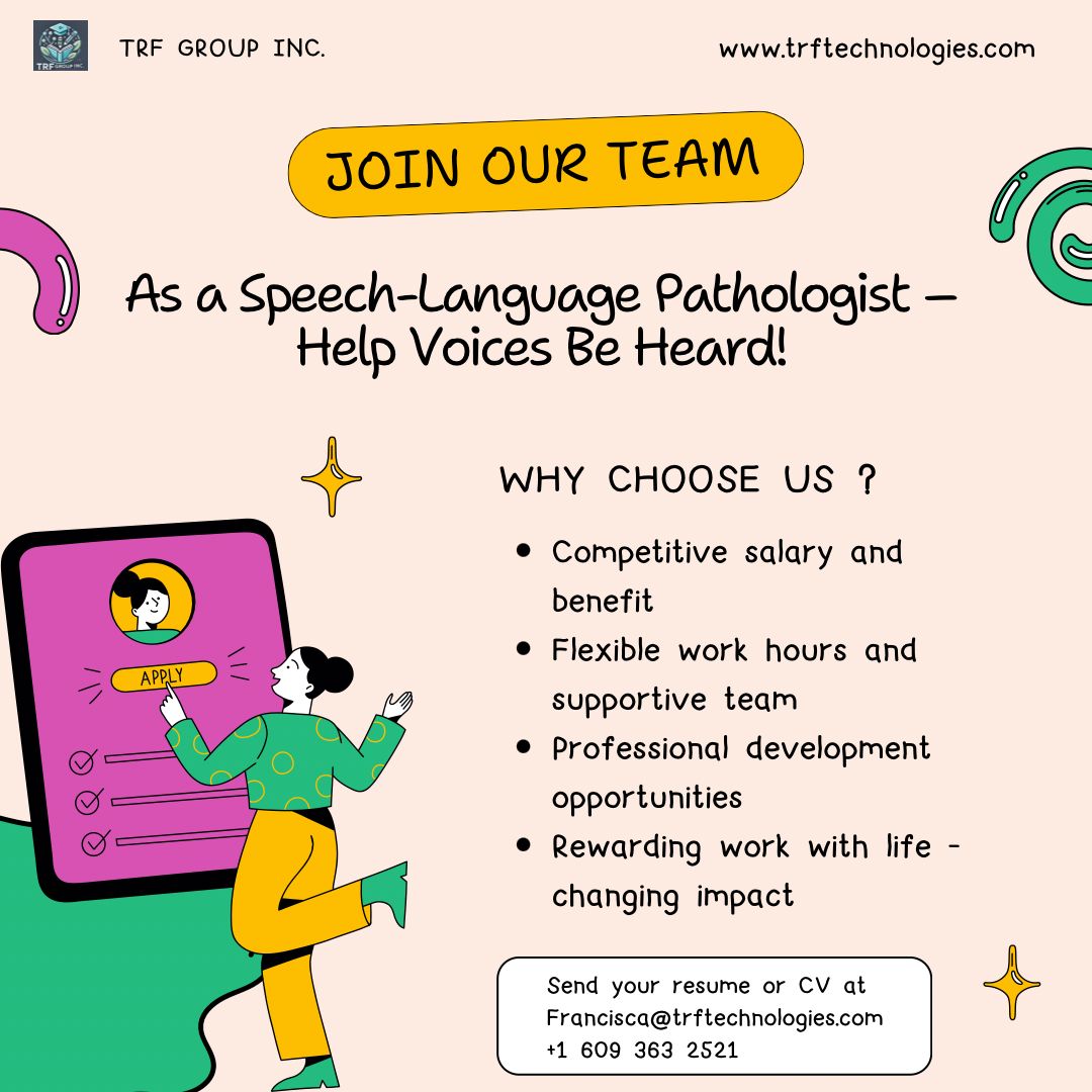 Lisa Haydon (She/Her) (@trftechnologies) on Twitter photo β¨ HIRING β SPEECH-LANGUAGE PATHOLOGIST!
π Make a Difference! π
π₯ Competitive pay & benefits
π₯ Flexible hours & growth opportunities
π© Apply Now!
π§ Francisca@trftechnologies.com | π +1 609 363 2521
π trftechnologies.com
#SLPJobs #NowHiring #MakeAnImpact #TRFGroupInc β¨ HIRING β SPEECH-LANGUAGE PATHOLOGIST!
π Make a Difference! π
π₯ Competitive pay & benefits
π₯ Flexible hours & growth opportunities
π© Apply Now!
π§ Francisca@trftechnologies.com | π +1 609 363 2521
π trftechnologies.com
#SLPJobs #NowHiring #MakeAnImpact #TRFGroupInc