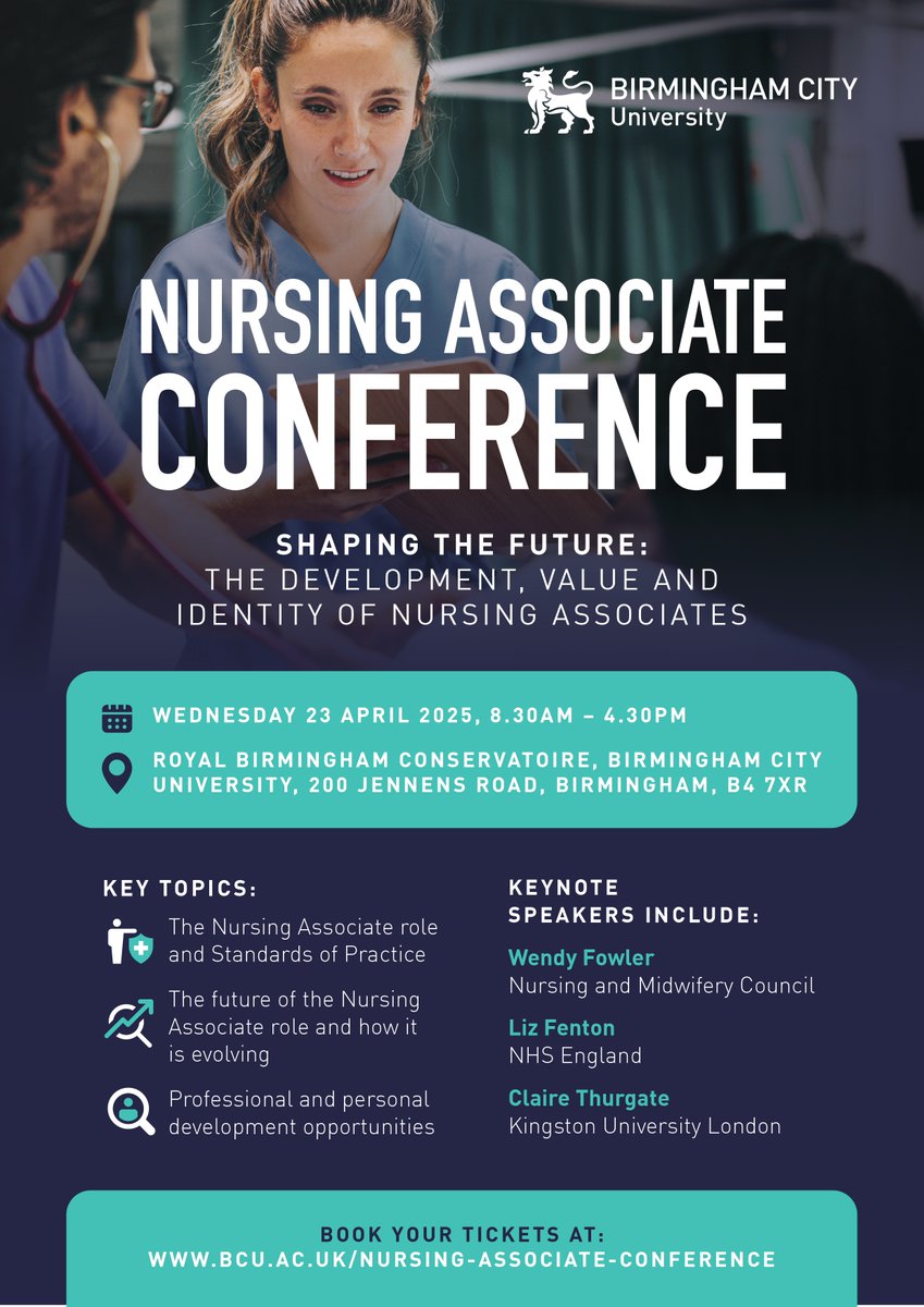 We are excited to be hosting the next National Nursing Associate Conference on the 23rd of April. There are still tickets available!!! Just follow this link:

bcu.ac.uk/conservatoire/…

#nursingassociate #futureofnursingassociate #conference
