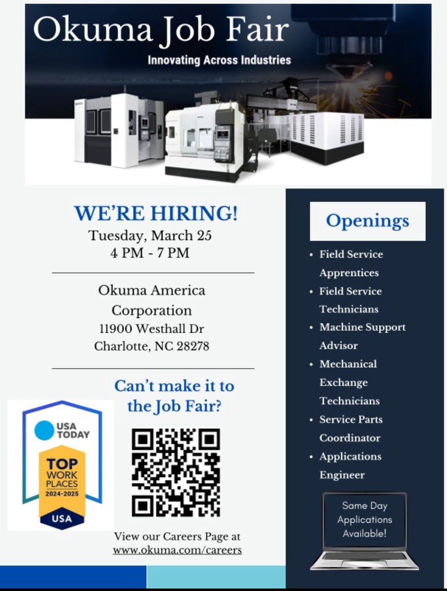MichaelChopp's tweet photo. Join us at Okuma America for a job fair on March 25th from 4 PM to 7 PM! This is your opportunity to meet our hiring managers and potentially become part of a global leader in CNC machine tools.  #okuma #nowhiring https://t.co/SdXDfLQFKN
