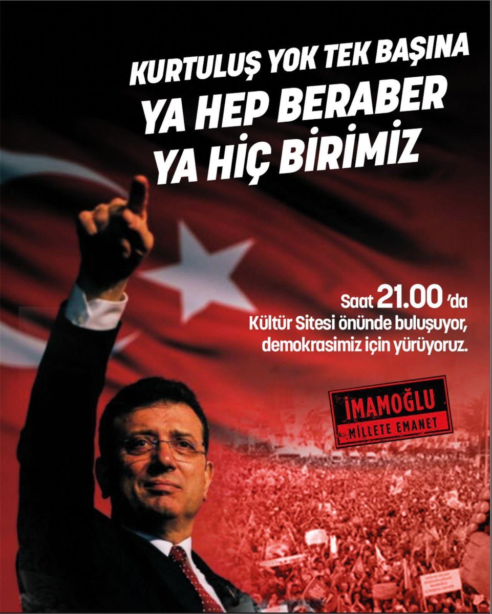 Manisa CHP İl Örgütünün çağrısıyla Ekrem İmamoğlu'na yönelik hukuksuz operasyona karşı düzenlenen yürüyüşe katılacağız.
Tarih: 20 Mart 2025 Perşembe
Saat: 21.00
Yer: Kültür Sitesi Lale Salonu Önü