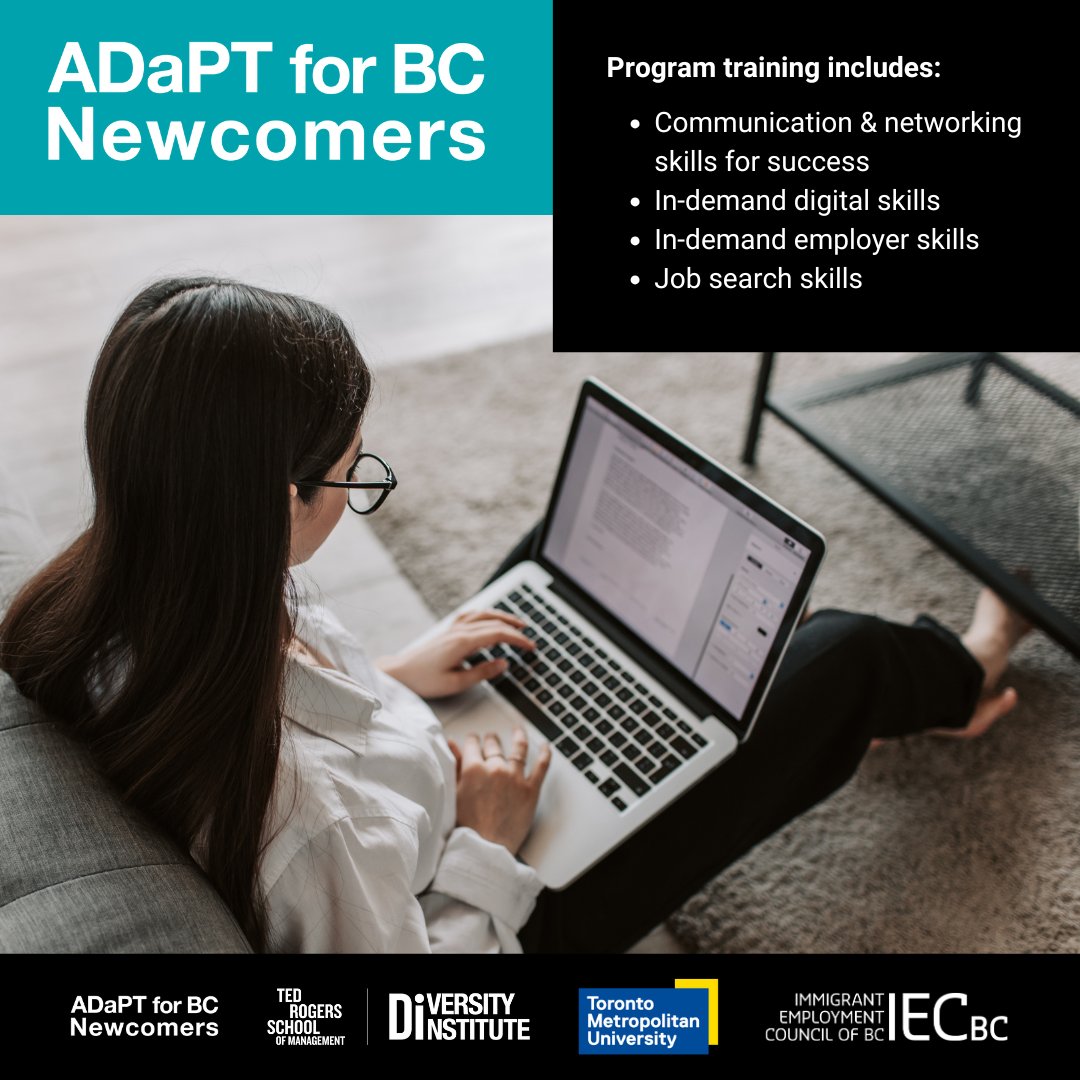 🚨 Newcomers in British Columbia: Need skills, coaching &amp; connections to land a job? 

The ADaPT for BC Newcomers program supports you in building essential skills, improving employment readiness &amp; connects you to employers. 

Apply: bit.ly/ADaPTforBCNewc…

<a href="/IEC_BC/">IEC-BC</a> <a href="/TorontoMetDI/">Diversity Institute</a>