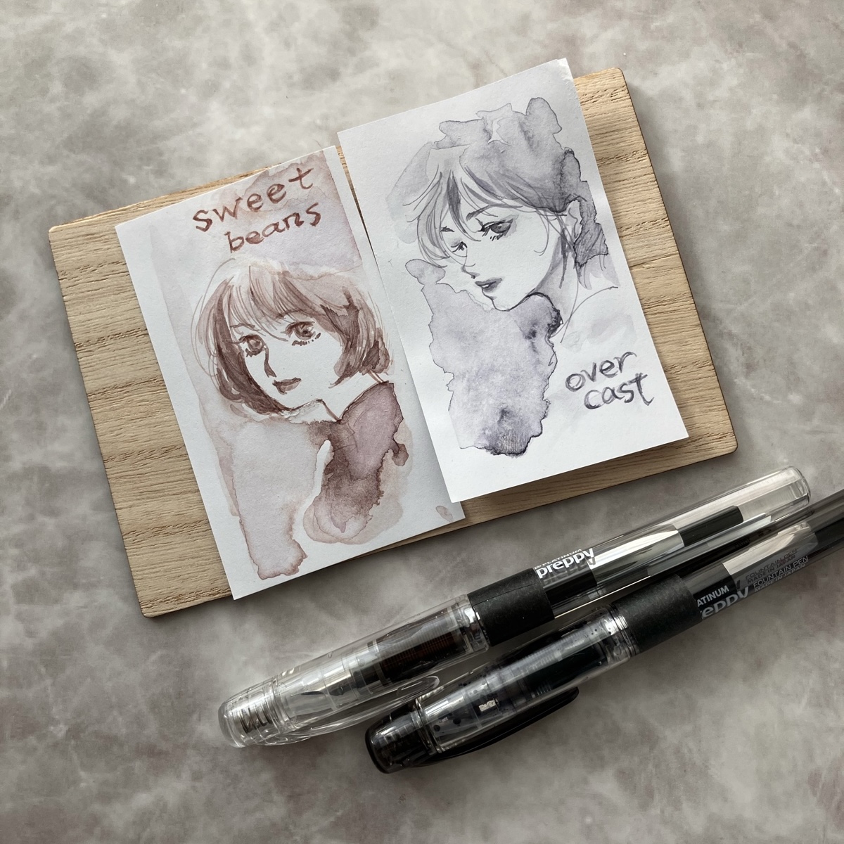 顔料インク「sweet beans」「overcast」 カードに一色描き。プレピー