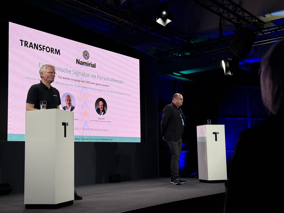 Per Mausklick den Arbeitsvertrag unterzeichnen? <a href="/Joerg_Lenz/">Jörg Lenz 🇪🇺</a> und Habib Bejaoui von @namitial_de geben jetzt auf der #ConferenceStage einen Ausblick, wie elektronische Signaturen #HR-Prozesse effizienter gestalten können. #workculture25 #TRANSFORM25