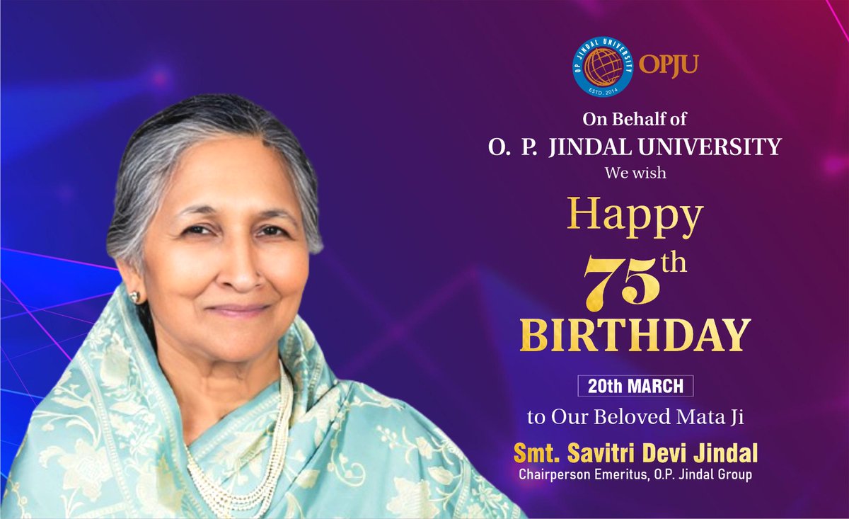 O. P. Jindal University (@opjuniversity) on Twitter photo Happy Birthday to Smt. <a href="/SavitriJindal/">Savitri Jindal</a> Ji, Chairperson Emerita, O. P. Jindal Group!
Wishing her continued health, happiness, & prosperity. Her visionary leadership and unwavering commitment to social welfare continue to inspire us all.
As a tribute to her remarkable legacy, we Happy Birthday to Smt. <a href="/SavitriJindal/">Savitri Jindal</a> Ji, Chairperson Emerita, O. P. Jindal Group!
Wishing her continued health, happiness, & prosperity. Her visionary leadership and unwavering commitment to social welfare continue to inspire us all.
As a tribute to her remarkable legacy, we