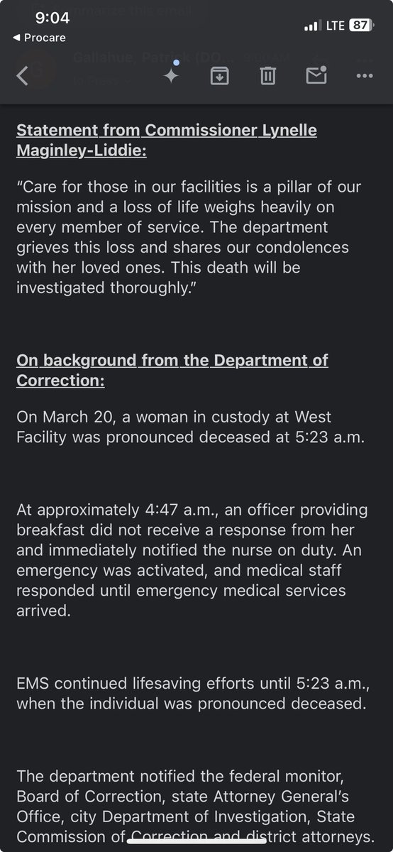 Inbox: ⁦<a href="/CorrectionNYC/">New York City Department of Correction</a>⁩ announces the fourth death behind bars this year so far. The first woman. A federal judge is currently contemplating appointing a so-called receiver to take over all or parts of the department after years of failed reforms.