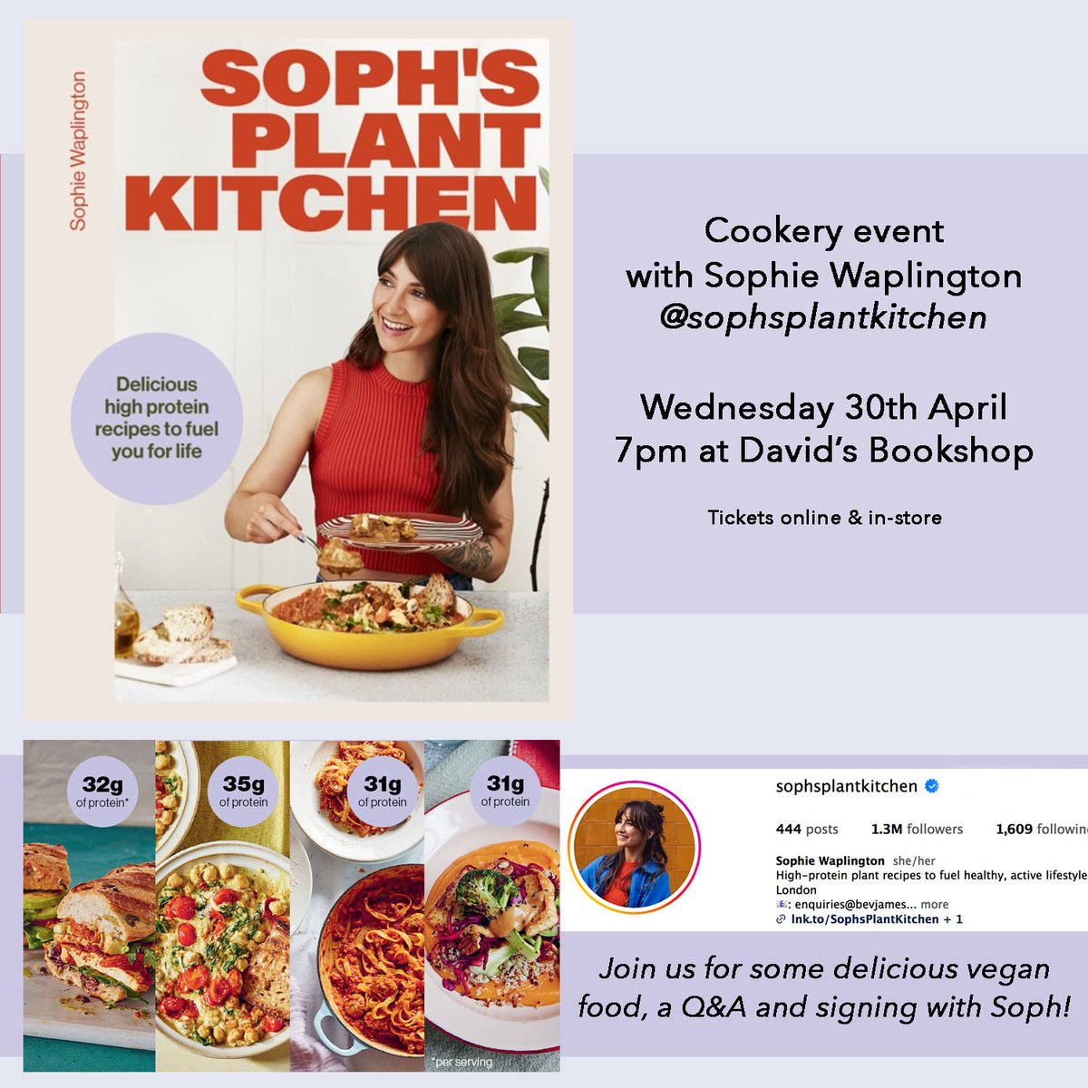 Hosting an event for Soph's Plant Kitchen next month! So excited for this one. Come for some delicious plant based food that we'll be sampling on the night, Q&amp;A and a book signing. Tickets here: davids-bookshops.co.uk/blogs/news/aut…