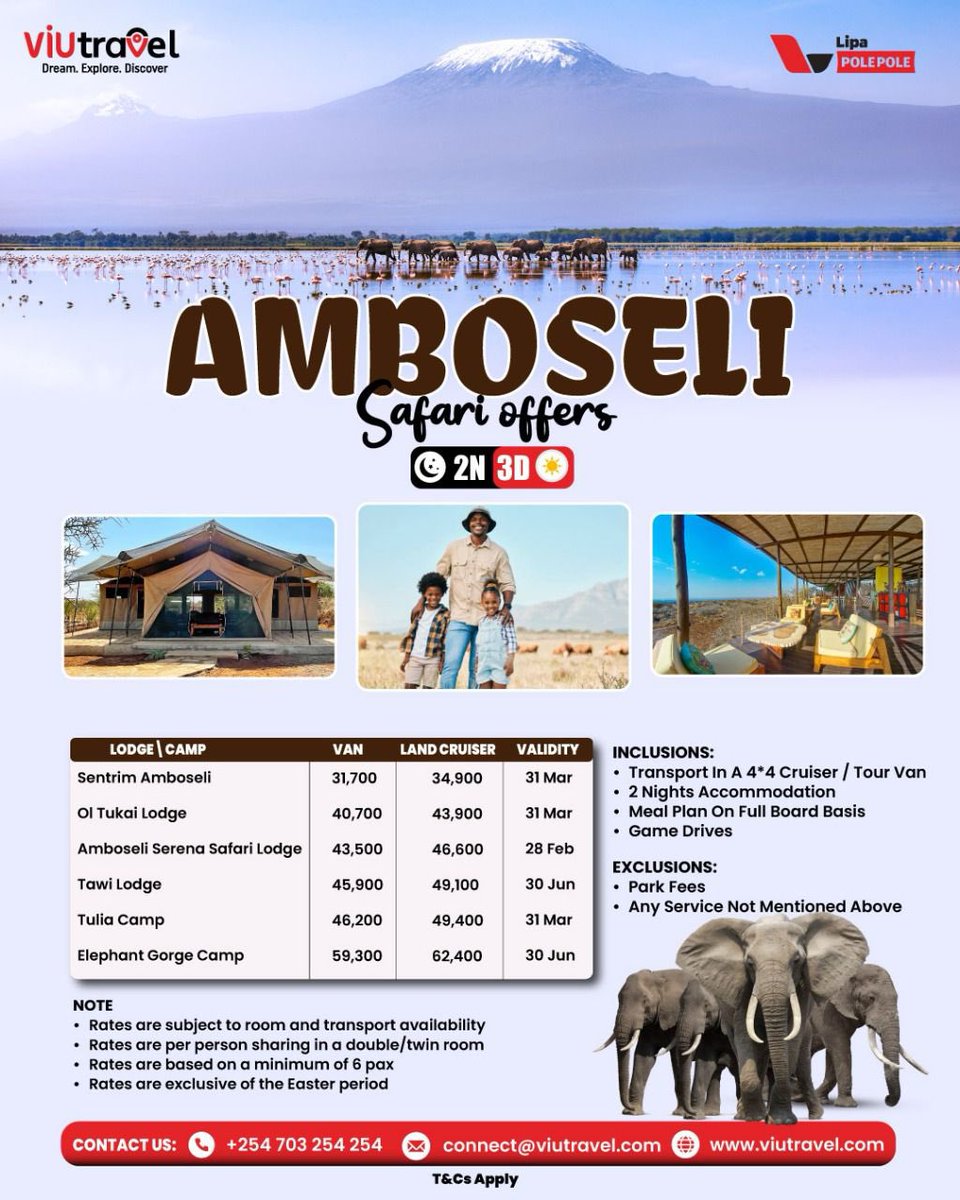Witness majestic elephants roaming against the stunning Mt. Kilimanjaro backdrop on a safari like no other! 🏔️✨

From Ksh 29,200, enjoy:
✅ Thrilling game drives 🚙
✅ Breathtaking Kilimanjaro views 📸
✅ Comfortable stays in nature 🌿

#Viutravel #AmboseliSafari
