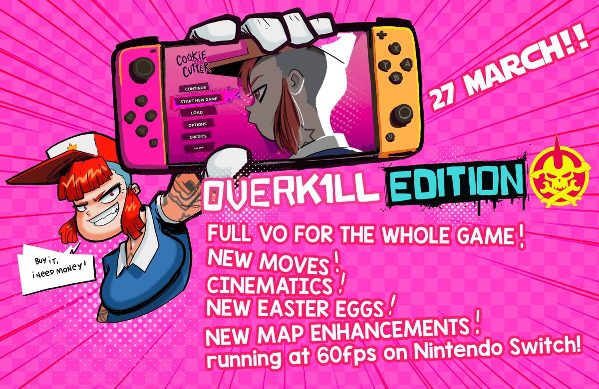 Rogue_Co's tweet image. One more week until Cookie Cutter: Overkill Edition comes out for the Nintendo Switch on the 27th! Put it on your wishlist today! loom.ly/jyZWFLM #nintendo #switch #woohoo