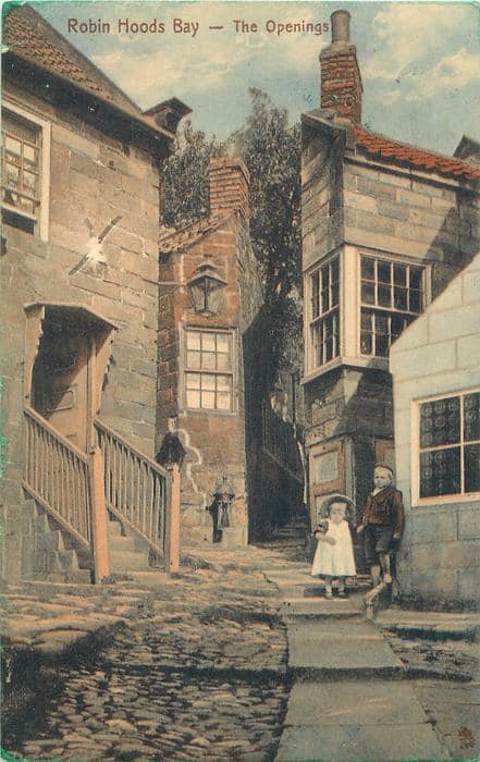 A hand coloured postcard of Robin Hood's Bay produced for Frank Newton of the The General Supplies Store in the village. The reverse of the 1910 card states that the ‘small fishing village is now developing into a seaside resort.’