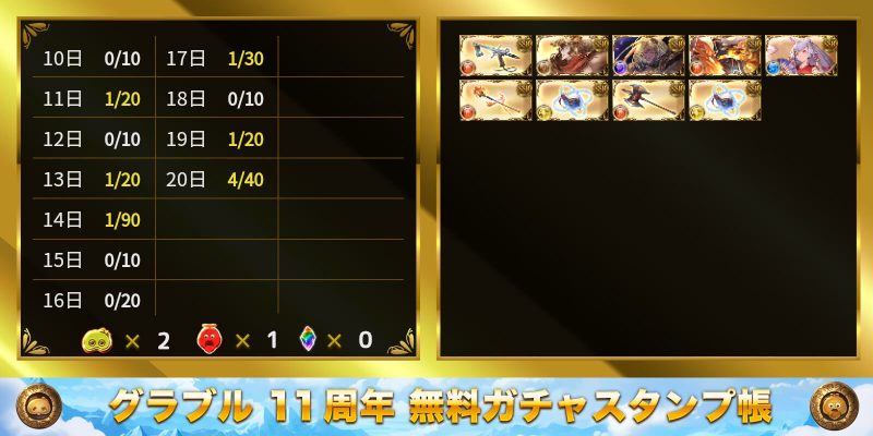 rCgIqpc8NKNXhju's tweet photo. #グラブル11周年無料ガチャスタンプ帳
#グラブル
#グラブルガチャ
無料２０連
ガチャピン１０連
ムック１０連
https://t.co/Q2Hnc9b6l6 https://t.co/fJnYIJaRws
