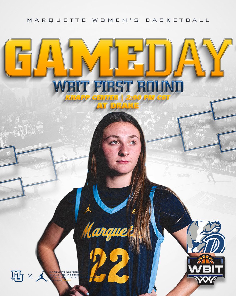WBIT First Round 🏀

📍» Des Moines, Iowa
🏟️» Knapp Center
🆚» Drake
⏰» 2pm CT
📺» bit.ly/4iGmcer
📊» bit.ly/4bNdlFp

#WeAreMarquette | #playwithHEART