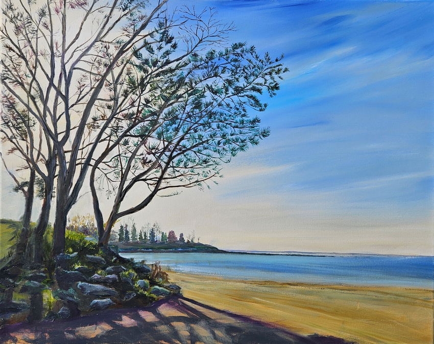 Happy first day of Spring! One of my favorite ways to paint is contre-jour, or against the light. I like playing with the dramatic silhouettes, glowing edges, and distant hazy atmosphere. This scene I painted at Burying Hill Beach in Westport, CT had all these elements in play.