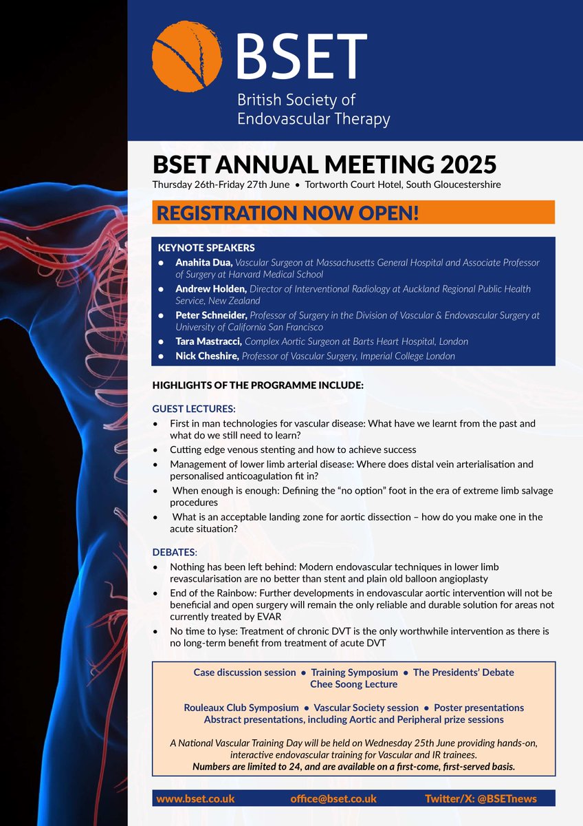 BSET (@bsetnews) on Twitter photo Registration is now open for the BSET Annual Meeting to be held on 26th - 27th June, with the National Vascular Training Day on the 25th. bset.co.uk
<a href="/RouleauxClub/">Rouleaux Club</a> <a href="/TraineesBSIR/">BSIR Trainees (British Society of IR Trainees)</a> <a href="/BSIR_News/">The British Society of Interventional Radiology</a> <a href="/VascularWebinar/">VSGBI Education And Training Committee</a> <a href="/vascularnurses/">SVN (Society of Vascular Nurses)</a> <a href="/svtgbi/">CSVS</a> Registration is now open for the BSET Annual Meeting to be held on 26th - 27th June, with the National Vascular Training Day on the 25th. bset.co.uk
<a href="/RouleauxClub/">Rouleaux Club</a> <a href="/TraineesBSIR/">BSIR Trainees (British Society of IR Trainees)</a> <a href="/BSIR_News/">The British Society of Interventional Radiology</a> <a href="/VascularWebinar/">VSGBI Education And Training Committee</a> <a href="/vascularnurses/">SVN (Society of Vascular Nurses)</a> <a href="/svtgbi/">CSVS</a>
