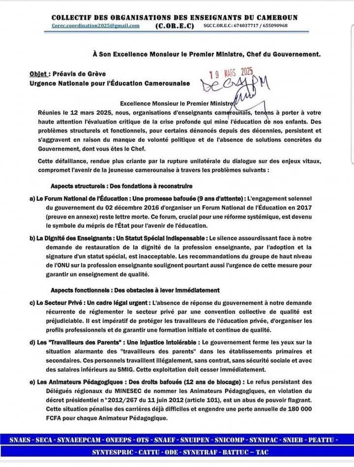 OTS_Officiel's tweet photo. 🚨 #URGENT 
PREAVIS DE GREVE

Tous unis pour le statut spécial de l'enseignant camerounais gage d'une éducation de qualité. #OTS https://t.co/lr6YBxIEcG