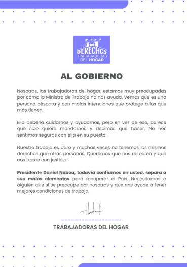EcEnDirecto's tweet photo. #ATENCIÓN
Mediante un comunicado, Trabajadoras del Hogar, califican como "déspota y con malas intenciones" a la ministra del @MinTrabajoEc, @ivonneabogada. "Ella debería #cuidarnos y ayudarnos, pero en vez de eso, parece que solo quiere mandarnos y decirnos qué hacer. No nos sentimos seguras con ella en su puesto. Nuestro trabajo es duro y muchas veces no tenemos los mismos #derechos que otras personas. Queremos que nos #respeten y que nos traten con #justicia", enfatizan.
