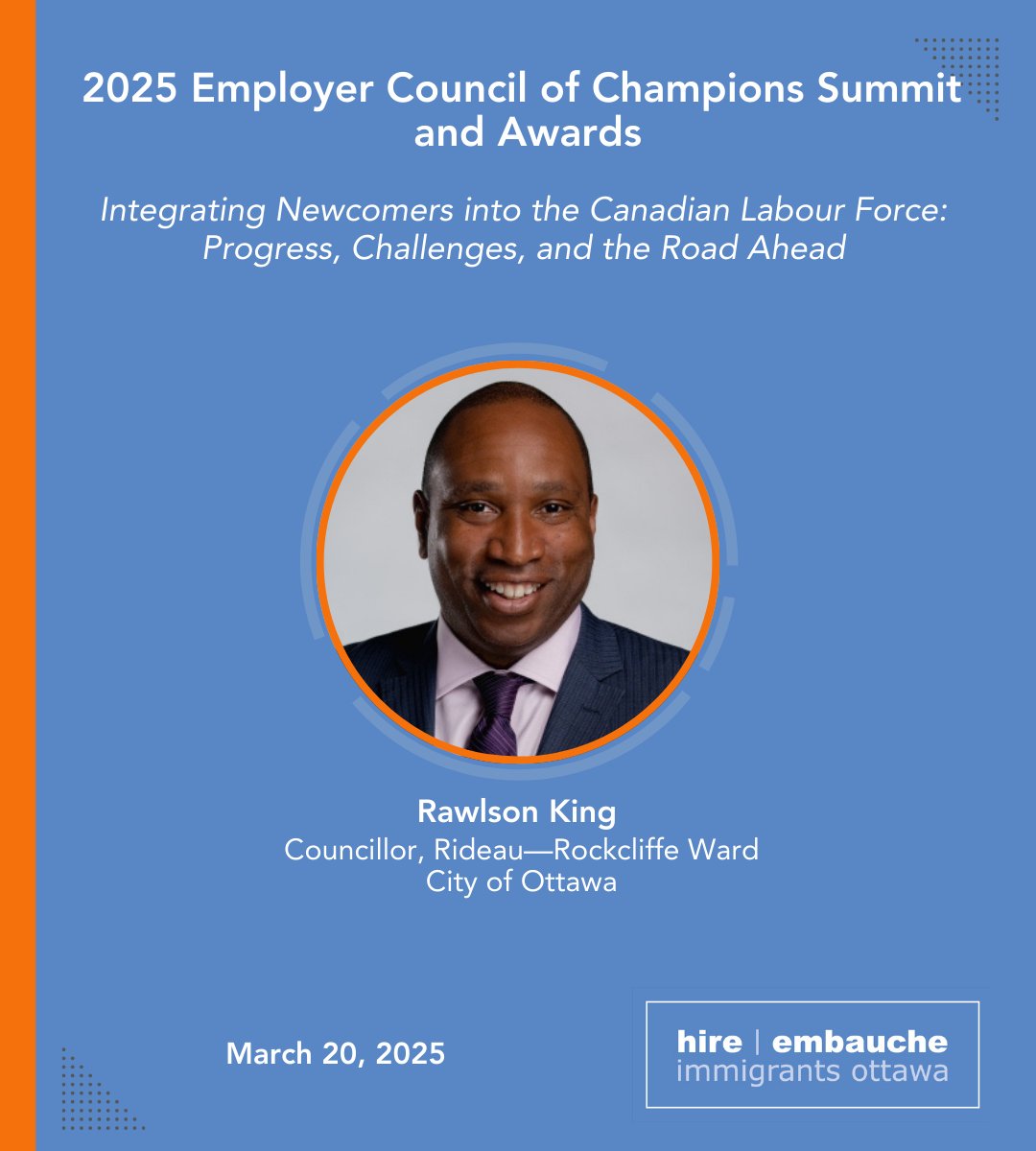 Councillor Rawlson King <a href="/rawlsonking/">Rawlson King</a> speaks at #HIOSummit2025 about City’s efforts to make Ottawa a welcoming community for newcomers. He mentions the importance of DEI to unlock potential.