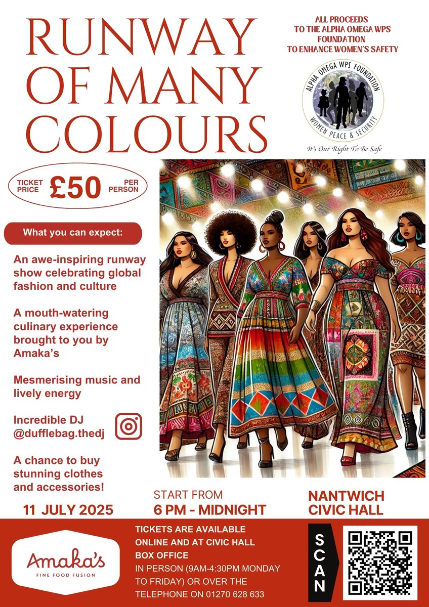 🌟 Runway of Many Colours 🌟
📅 11th July | 🕕 6 PM–Midnight
📍 Nantwich Civic Hall

✨ Fashion, Culture &amp; Music—for a Cause!
👗 Global runway styles
🍽️ Dining by Amaka’s
🎶 DJ dufflebag.thedj
🛍️ Unique shopping
🎟️ Tickets: bit.ly/3YJ3y6Z