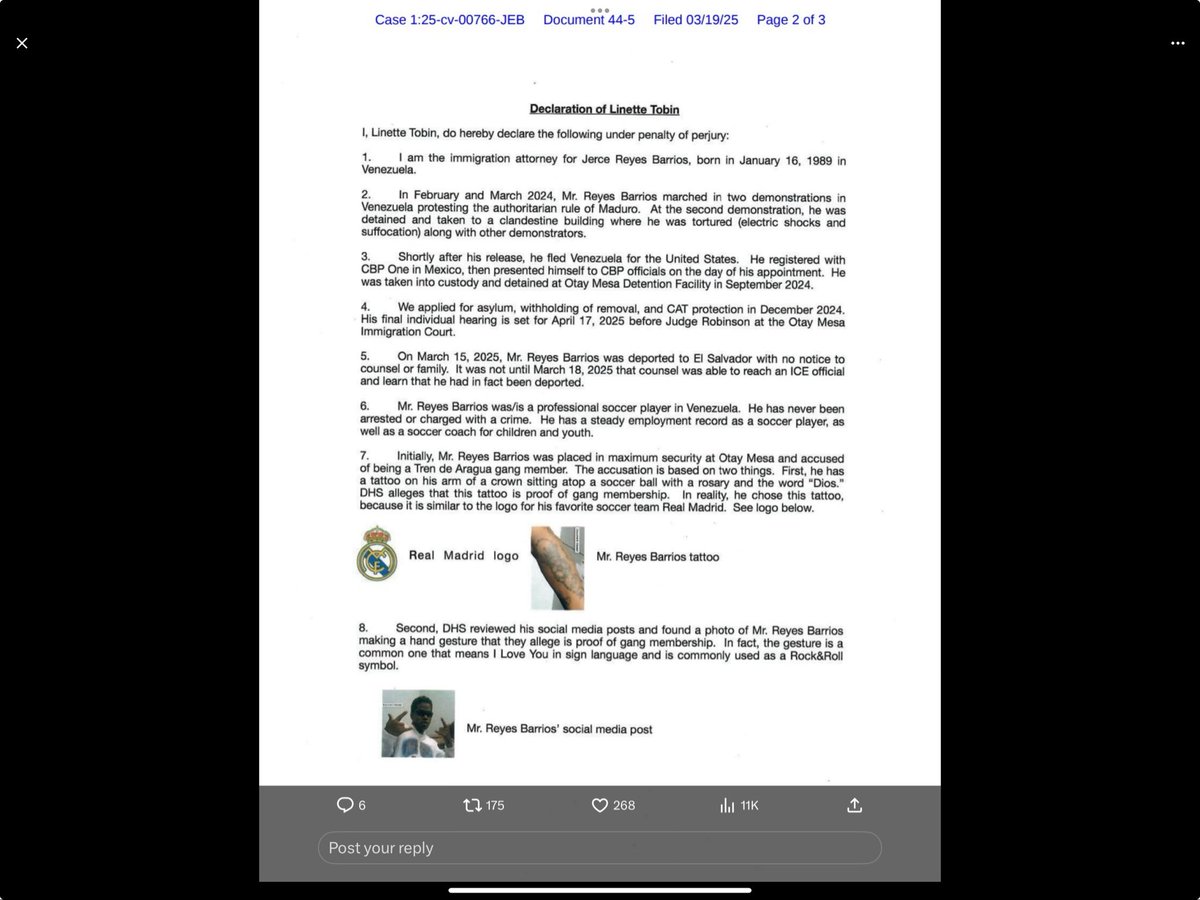 DHS apparently based decisions to abduct Venezuelans and send them to El Salvador prison on guesses about the meaning of tattoos and sign language. As <a href="/IlyaSomin/">Ilya Somin</a> and <a href="/steve_vladeck/">Steve Vladeck</a> note, procedural due process, was totally absent here: Kafka couldn’t concoct such buffoonish evil.