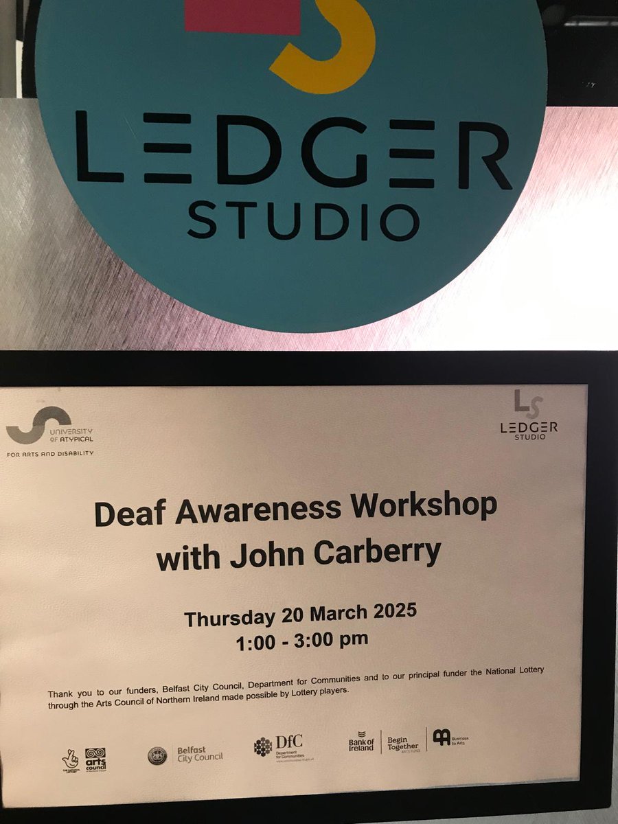 theweatherbies's tweet photo. Our Peter's at the @UniAtypical's Ledger Studio today for a Deaf Awareness Workshop with John Carberry. Peter got his #BSL certification last week, as part of @theweatherbies #SEND development. #inclusion #accessibility #EdTech @belfastcc @CommunitiesNI @TNLUK @ArtsCouncilNI https://t.co/0LOP4sXELU