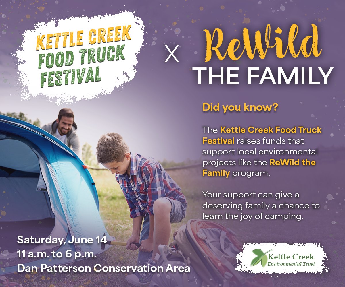 KCETrust's tweet image. Food for a cause! Join us at the Kettle Creek Food Truck Festival &amp;amp; help fund local environmental projects like ReWild the Family—providing free camping to families facing financial and social hardships.

Since 2017, we've helped 23 families reconnect with nature!

Save the date!