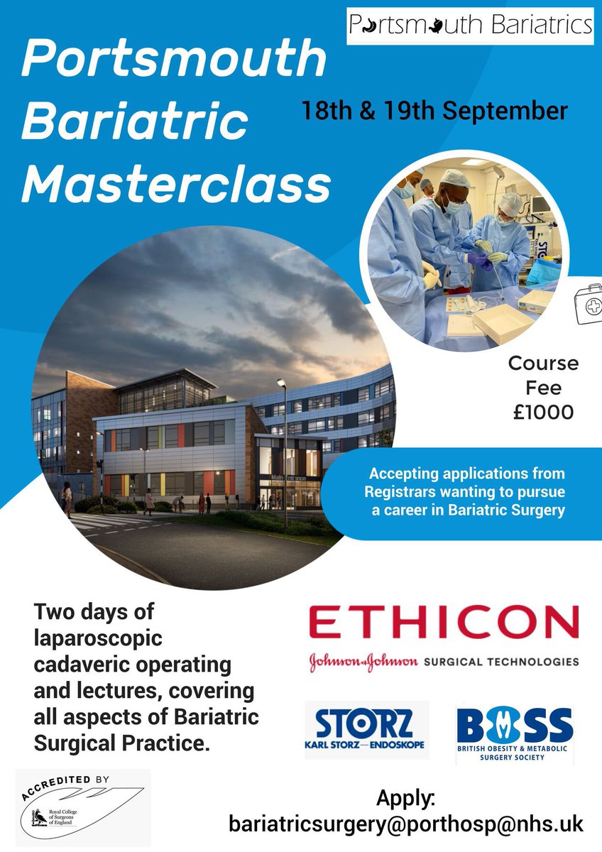 The Roux Group (@roux_group) on Twitter photo Pleased to advertise the 5th edition of the Portsmouth Bariatric Cadaveric Masterclass for trainees!
📜 laparoscopic cadaveric course
📅 18-19 September 2025
📍Portsmouth
💵 £1000
Apply by emailing bariatricsurgery@porthosp.nhs.uk Pleased to advertise the 5th edition of the Portsmouth Bariatric Cadaveric Masterclass for trainees!
📜 laparoscopic cadaveric course
📅 18-19 September 2025
📍Portsmouth
💵 £1000
Apply by emailing bariatricsurgery@porthosp.nhs.uk