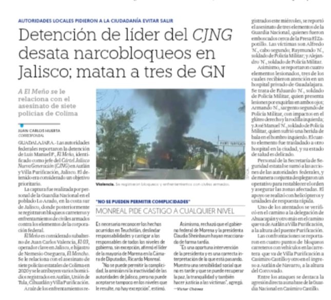 .<a href="/GN_MEXICO_/">Guardia Nacional</a> detuvo a 'El Meño', del #CJNG, sicarios provocaron enfrentamientos y narcobloqueos; por lo que se requirió el apoyo de policías de <a href="/SSeguridadJal/">Secretaría de Seguridad Jalisco</a>

Murieron tres agentes federales y cuatro resultaron lesionados.
<a href="/FGRMexico/">FGR México</a> lleva la investigación.

Vía <a href="/ElFinanciero_Mx/">El Financiero</a>