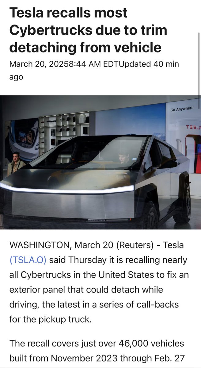 Tesla recalls most Cybertrucks due to trim detaching from vehicle. $TSLA