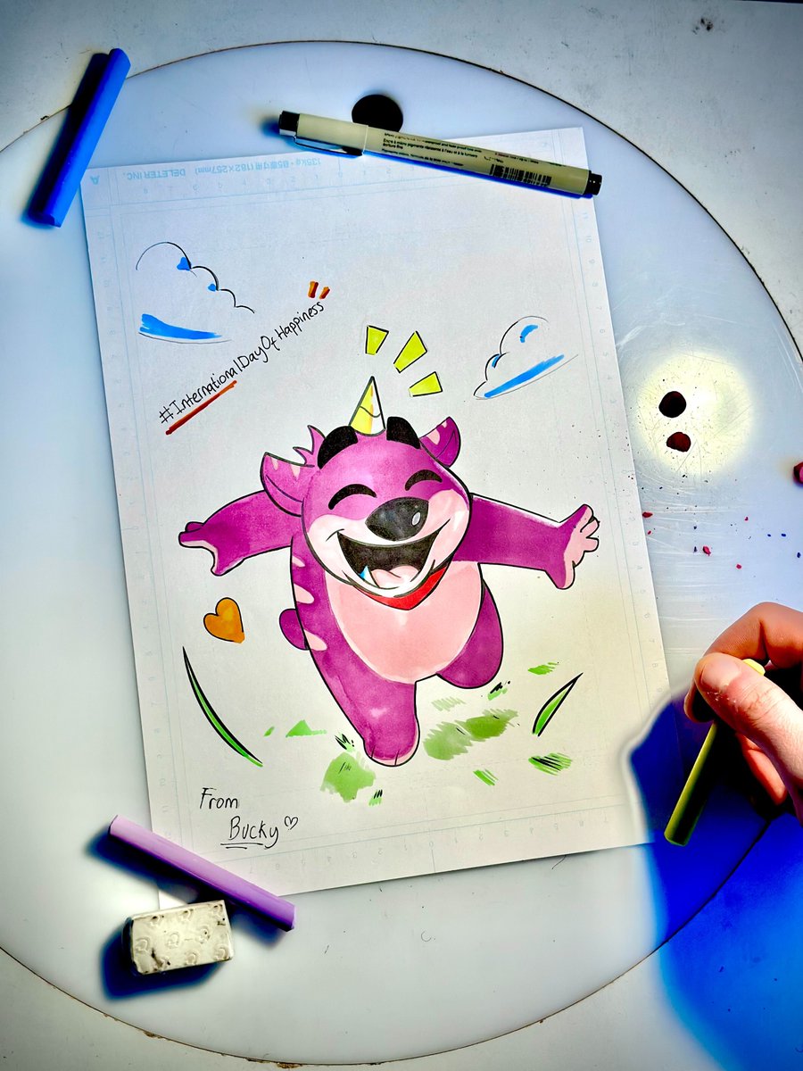 SpiritBridgeS19's tweet photo. ✨ Bucky's got the right idea, he spreads joy on this #InternationalDayOfHappiness!💜🐻

Let's celebrate caring &amp; sharing! Who's getting a happy message from you today?😉

#Happiness #animationstudio #originalcharacter #originalcharacterart #illustration #traditionalart #drawing https://t.co/qUzZxSPSrU