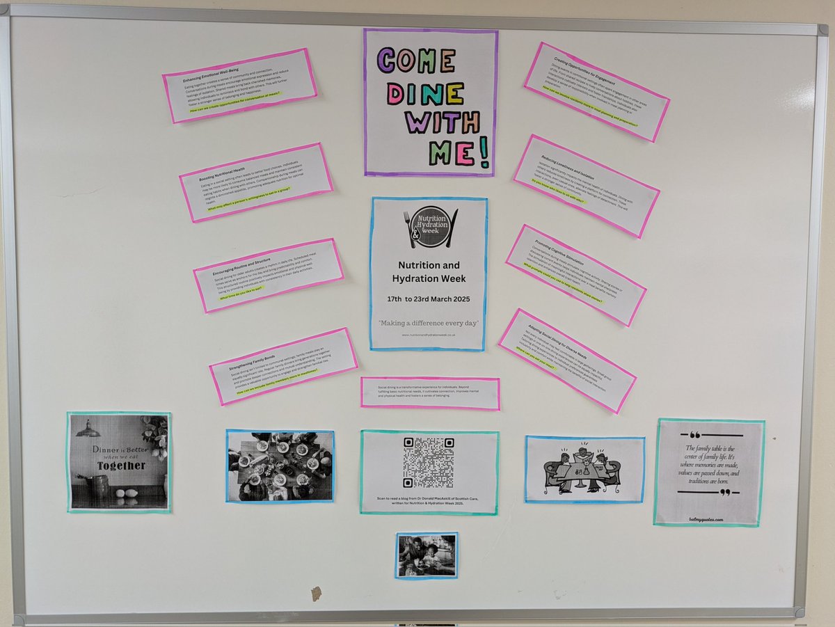 Justacarehomeg1's tweet image. The #learningboard has temporarily moved to the middle of the home to raise awareness of the importance of dining this #NHWeek. More to be added as the week and the conversations move on! 
#carehomelife #staffdevelopment