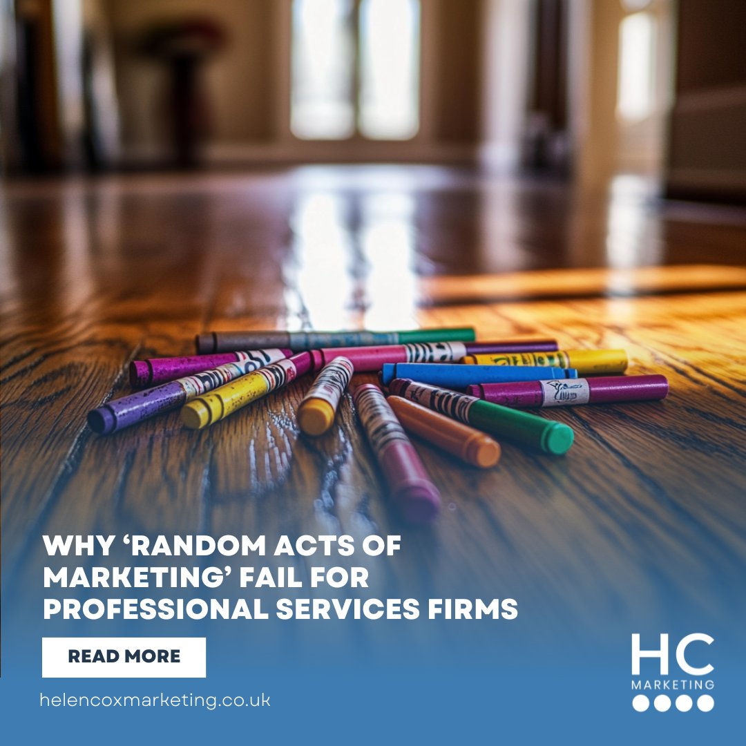Random acts of #marketing don’t build trust or generate leads. Without consistency, messaging is generic, resources are wasted, and success is impossible to measure.  Do you see gaps in your marketing?
👉 helencoxmarketing.co.uk/why-random-act…
#ProfessionalServices