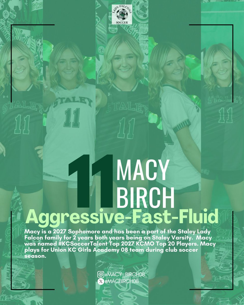 Staley Girls Soccer Fans (@staleysoccerfan) on Twitter photo '27 <a href="/Macybirch08/">Macy Birch</a> is caring, encouraging & dedicated. Macy shared that her favorite thing about <a href="/staleysoccer/">Staley HS Soccer</a> is "the girls" & describes her team as family, caring & drama free. She's excited for the challenge of learning a new position.
<a href="/SHSFalcons/">Staley High School</a> <a href="/unionkcGA/">Union KC Girl’s Academy</a> <a href="/HSSoccerKC/">SoccerKC</a> '27 <a href="/Macybirch08/">Macy Birch</a> is caring, encouraging & dedicated. Macy shared that her favorite thing about <a href="/staleysoccer/">Staley HS Soccer</a> is "the girls" & describes her team as family, caring & drama free. She's excited for the challenge of learning a new position.
<a href="/SHSFalcons/">Staley High School</a> <a href="/unionkcGA/">Union KC Girl’s Academy</a> <a href="/HSSoccerKC/">SoccerKC</a>